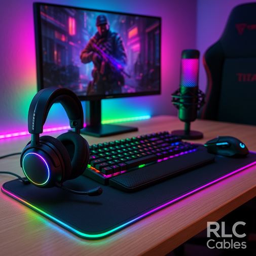 Gaming setup with 2025 accessories: SteelSeries Arctis Nova 7, Razer BlackWidow V4 Pro, Govee RGBIC LED lights, ASUS TUF Gaming VG27AQ monitor, and RGB lighting.